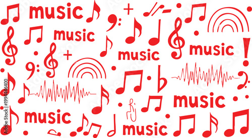 Red music notes, treble clefs, sound waves, and music text pattern on white background