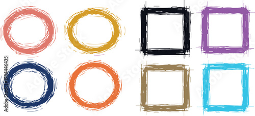 Set of eight hand-drawn scribble circles and square frames in various solid colors