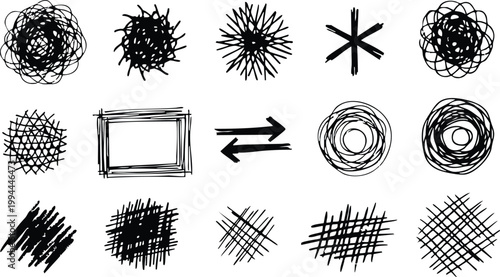 Set of fifteen hand-drawn black ink scribbles, shapes, arrows, and cross-hatched patterns