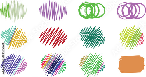 Set of twelve hand-drawn scribble shapes, colorful marker strokes and circular patterns