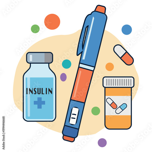 A Colorful Illustration Featuring Insulin, a Pen Injector, and Various Pills Representing Diabetes Management and Medication
