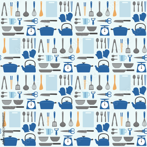 調理器具のイラストのシームレス背景画像。（Seamless background image of illustrations of cooking utensils.）
