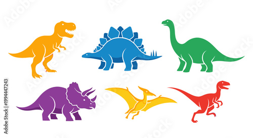 Colorful vector illustrations of various dinosaur species on white background