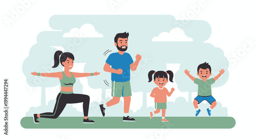 Family exercising outdoors in park healthy lifestyle and fitness concept