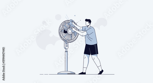 Man cleaning electric fan illustration maintenance and home appliance concept