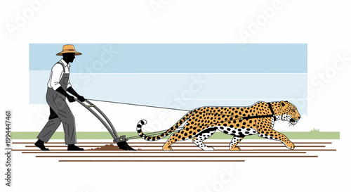 Man plowing field with a leopard stylized illustration concept