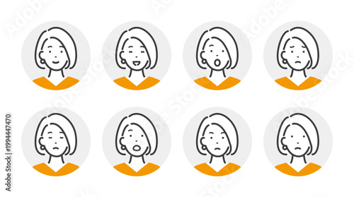 若い女性の表情アイコン　バリエーションセット