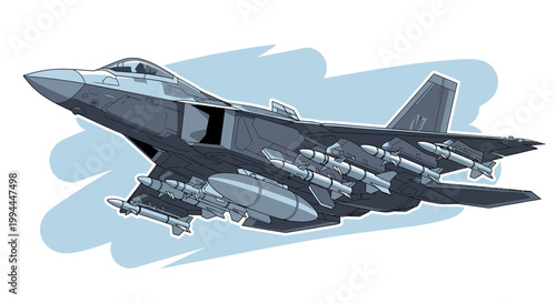 Modern jet fighter aircraft in flight against light blue background