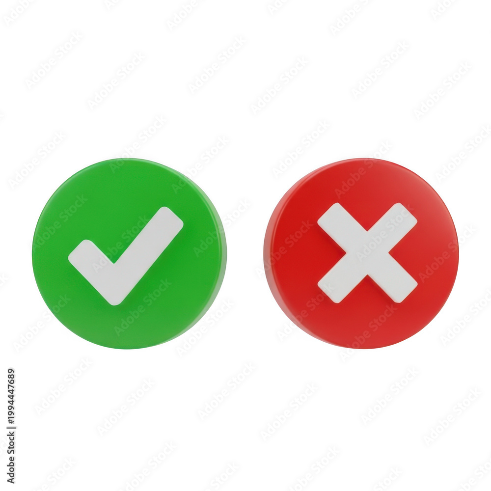 Fototapeta premium Green check mark and red cross in circular icons PNG isolated on transparent background