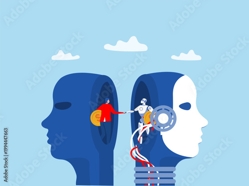 A robot and a businessperson shake hands on open minded head Open minded collaboration to success, understanding mindset, thinking cooperation to win together