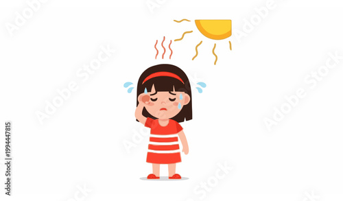 Girl suffering from heat wave vector sweating child under hot sun weather health concept illustration