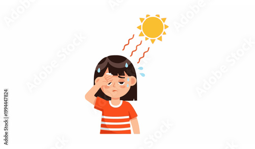Girl suffering from heat wave vector sweating child under hot sun weather health concept illustration
