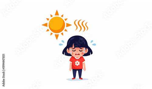 Child heat stress vector illustration girl sweating under strong sun hot weather concept