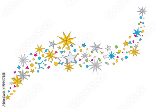 Colorful star confetti explodes in festive celebration atmosphere with vibrant particles.
