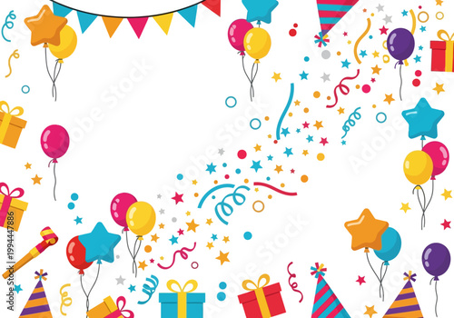 Colorful party decorations and gifts are scattered around celebrating an event with balloons and confetti indoors