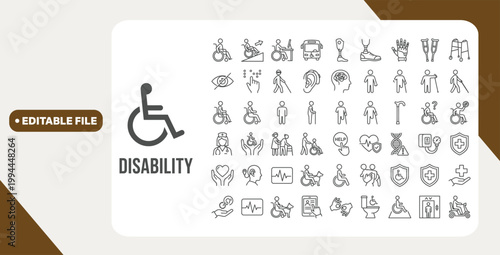 Disability web icons in line style. Wheelchair, disabled people, blind, disabled, assistance, deafness, collection. Vector illustration.
