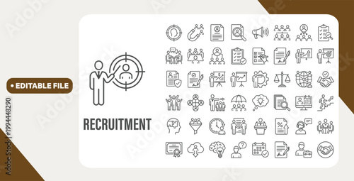 Recruitment web icons in line style. Headhunting, career, resume, work group, candidate, job hiring, collection. Editable stroke. Vector illustration.