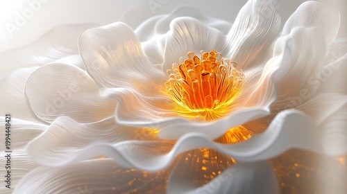 Close Up of Luminous White Flower with Glowing Orange Center and Soft Lighting