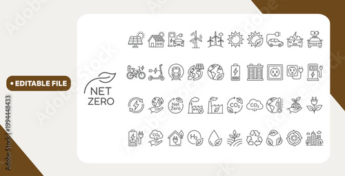 Net Zero web icons in line style. Green energy, CO2 neutral, gas emissions, climate, ecology, collection. Editable stroke.  Vector illustration.