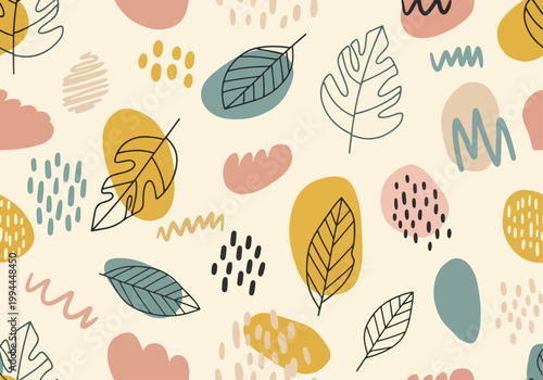 Photos Whimsical nature pattern combining abstract leaves, dots, and organic shapes in