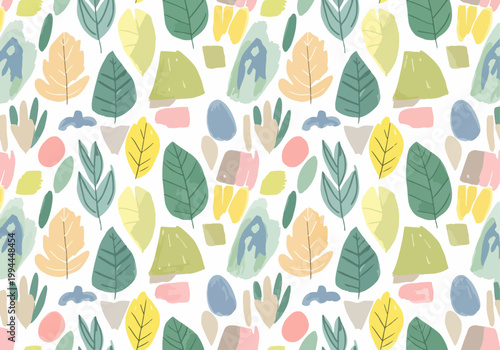 Cheerful autumn-inspired pattern with stylized foliage in green, blue, and warm orange hues