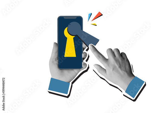 A hand opens the keyhole on the phone screen - the concept of internet privacy. Modern collage style. Illustration on a transparent background