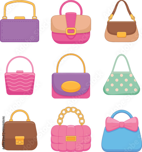 Women handbags collection illustration, stylish purses set fashion accessories vector design