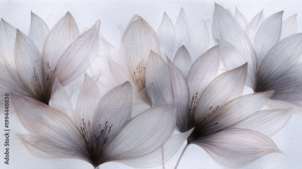 Fototapeta premium A beautiful arrangement of soft, flowing petals captures the elegance of nature's design. Shades of white and grey blend harmoniously, creating a serene atmosphere of calm and beauty