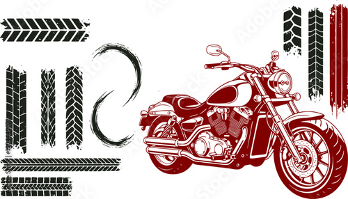 Vintage cruiser motorcycle with set of grunge tire tracks