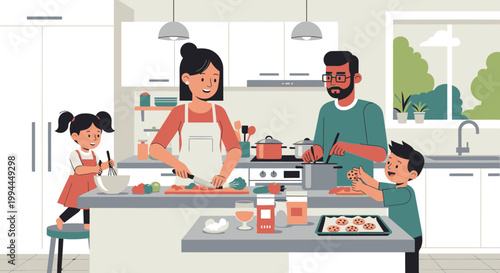 Family cooking together in a modern kitchen with children