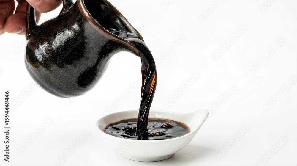 Fototapeta premium Rich Dark Pour: A hand carefully pours a stream of rich, dark liquid from a ceramic jug into a pristine bowl.