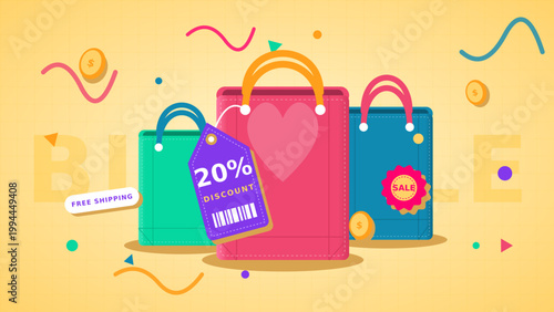 Flat Vector Illustration of Shopping Bags with 20 Percent Discount Tag and Free Shipping Label