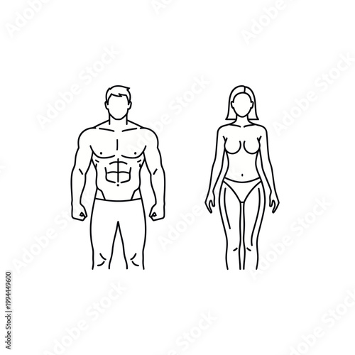 Male and Female Body Outline Icons, Fit Silhouette, Health and Fitness Concept
