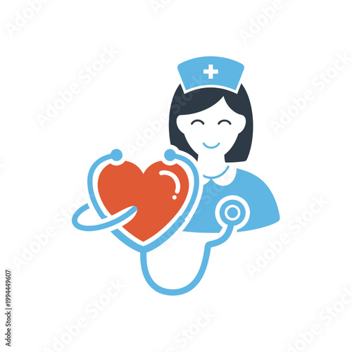 Nurse with Stethoscope and Heart Icon - Healthcare and Medical Assistance Concept