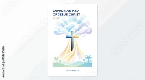 Illustration of Jesus Christ ascending to heaven on Ascension Day of Jesus Christ 2026 in Indonesia, with a silhouette of Jesus and light rays against a heavenly sky vector.