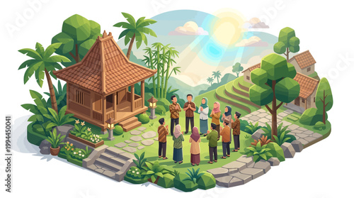 Illustration of people celebrating Ascension Day of Jesus Christ in Indonesia, with a traditional church and houses in a serene natural setting.