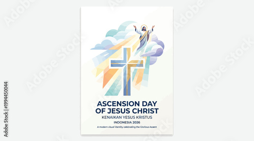 Illustration of Jesus Christ ascending to heaven on Ascension Day of Jesus Christ, a Christian holiday in Indonesia, with a cross and light rays.