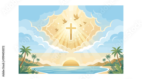 Illustration of Jesus Christ ascending to heaven on Ascension Day of Jesus Christ 2026 in Indonesia, with a cross, light rays, and birds in a tropical landscape, symbolizing spiritual event