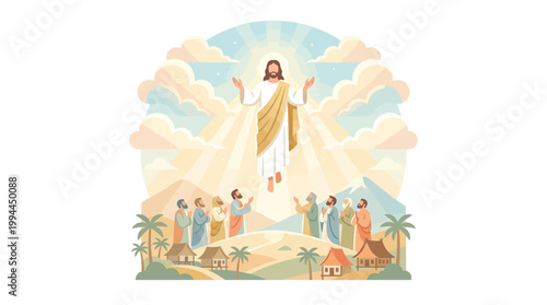 Illustration of Jesus Christ ascending to heaven on Ascension Day, surrounded by disciples and radiant light rays against a heavenly sky with clouds, symbolizing spiritual worship and
