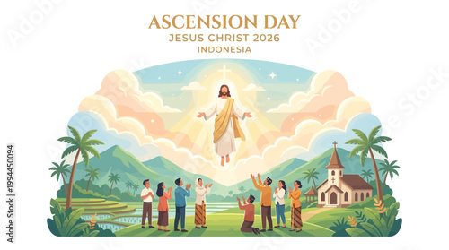 Illustration of Jesus Christ ascending to heaven on Ascension Day in Indonesia, with people worshiping in a scenic landscape with a church, palm trees, and mountains in the background.