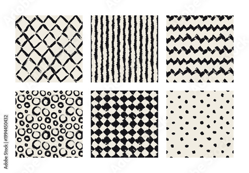 Vector seamless pattern set. Abstract background with brush strokes. Monochrome, hand-drawn print. Artistic tileable strokes. Collection of creative swatches. Modern surface design.