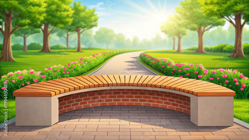 Curved wooden bench without backrest in modern park