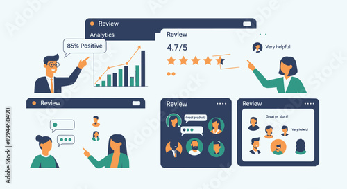Business analytics, review ratings, and infographics, vector set of 6 icons