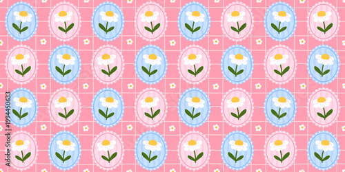 Patchwork seamless flower for spring pattern floral and cute kawaii frame. Quilt background vintage for kid girly pastel and print pink wallpaper. Patchwork scrapbook cover for spring.