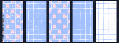 Seamless pattern print with abstract ocean and sea theme. Beach shell and seashell vector art through marine. Coastal ornamentation decorative stripes with vacation doodle style.