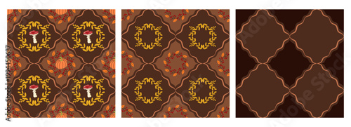 Pattern cute mushroom and forest motif for kids with autumn. Print and seamless fall background witch and cottagecore border. Fun textile from nature plus boho and vintage style.