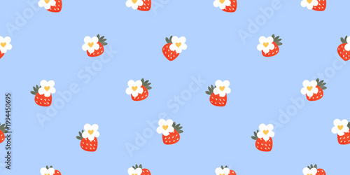 Line berry and pastel flower motifs for summer pattern. Seamless strawberry and spring gingham design through simple grid. Sweet cherry and daisy elements for children alongside cute.