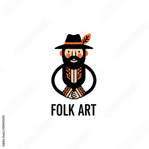 Folk art vector illustration of a bearded man in traditional dress