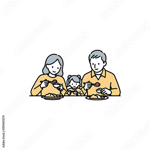 Happy family with small child eating meal together vector illustration