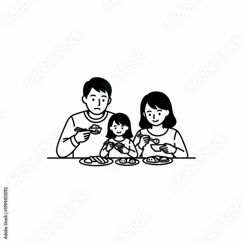 Happy family dining together line art vector illustration